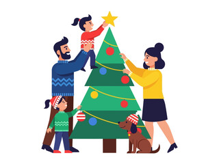 Family's Festive Tradition: A loving family joyfully decorates their Christmas tree. With parents and children alike, and even a furry friend, they collectively adorn the tree.