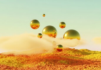 Abstract macro photography of liquid droplets reflecting warm orange and yellow hues with blurred textured background