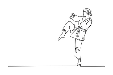 Continuous one line drawing female karate athlete performing front kick in sport arena. Symbolizing martial arts, power, skill, and elegant balance. Single line draw design vector graphic illustration