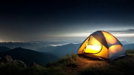 A cozy camping tent illuminated by warm yellow lights sits atop a neatly trimmed grassy hill,