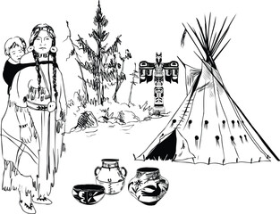 Hand-drawn line art of a Native American woman with child, tipi tent, and household objects. Cultural and traditional tribal life illustration. © ArtPavo