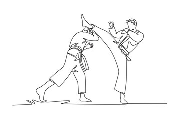 Single continuous line drawing two male athletes are engaged in karate duel. Symbolize strategic contrast between powerful kick and defensive stance. One line draw graphic design vector illustration