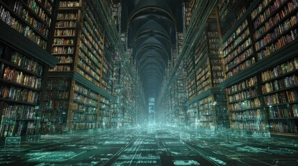 Library Digital Overlay Shelves filled with books, futuristic digital pattern