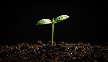 Emerging Seedling: A tender young sprout emerges from the rich, dark soil, its fresh green leaves reaching upward, symbolizing new beginnings and growth.