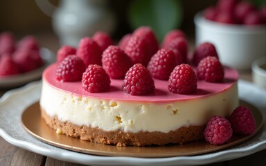 Decadent raspberry cheesecake recipe home kitchen food photography cozy atmosphere close-up dessert delight. High quality