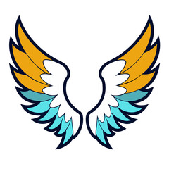 Stylized angel wings with orange white and blue feathers
