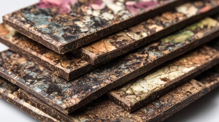 Close up view of colorful natural materials on stacked sheets for crafting