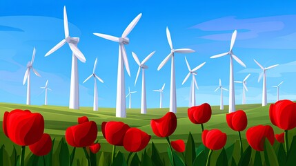 Vibrant red tulips in the foreground with numerous white wind turbines spinning in a lush green field under a bright blue sky, symbolizing renewable energy and nature's beauty