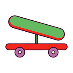 Stylized illustration of a toy catapult with red base and green projectile
