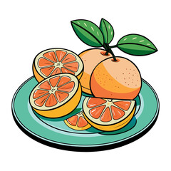 Freshly sliced grapefruits with leaves on a teal plate