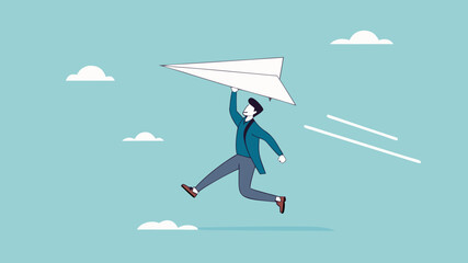 businessman throwing paper plan while sending email, email subscription to send newsletter for product promotions and updates, business launching concept, online communication illustration flat style
