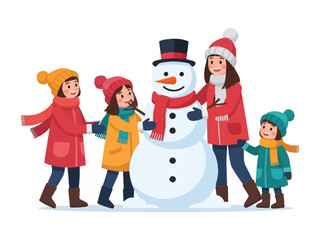 Building Memories: A group of children, dressed in winter attire, collaboratively builds a snowman in a snowy landscape, filled with festive cheer.