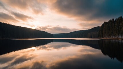 Fototapeta premium A serene lake surrounded by dense forest reflects the sky with mirror-like clarity,