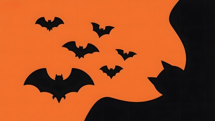 Silhouettes of Bats Flying Against an Orange Sky with a Crescent Moon