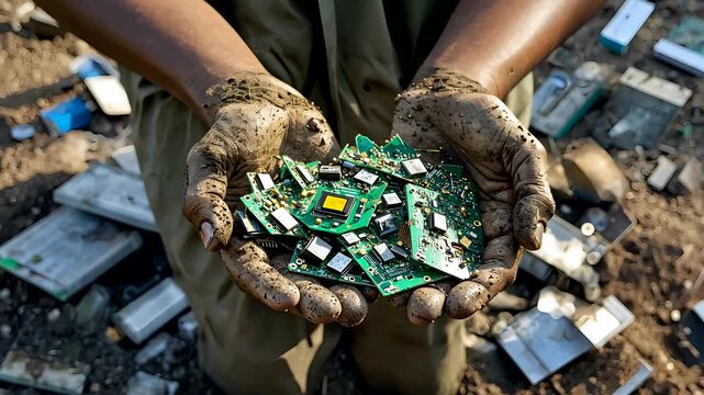 Dirty hands holding pile of electronic waste circuit boards outdoors with scattered batteries and parts in background