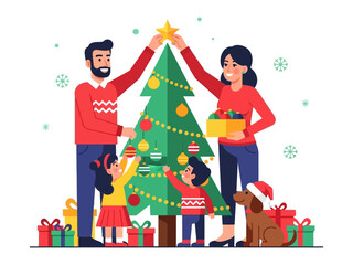 Christmas Family Decoration: A family joyfully decorates a Christmas tree, symbolizing the warmth of family love, celebration, and unity. creating a beautiful scene of festive cheer.