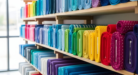 Colorful bolts of fabric organized in a rainbow spectrum on wooden shelves, showcasing a vibrant selection of textiles in a haberdashery or craft store