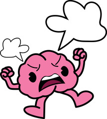Cartoon angry pink brain stomps forward with fists raised and speech bubbles on white