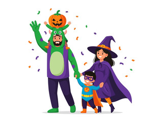 Halloween Family Fun: A happy family in vibrant costumes walks joyfully, celebrating the spirit of Halloween with playful decorations.