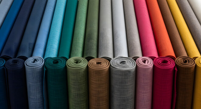 A vibrant spectrum of colorful, textured fabric rolls, showcasing a linen-like weave in a wide variety of hues for an interior design or upholstery catalog