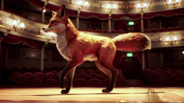 8-second animated fox spinning and dancing ballet in an elegant indoor theater, cinematic spotlight