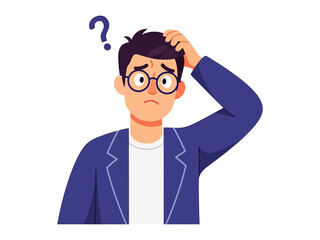 Uncertainty and contemplation: A pensive individual with glasses and a questioning expression scratches his head beneath a prominent question mark. the vector captures his state of mind.