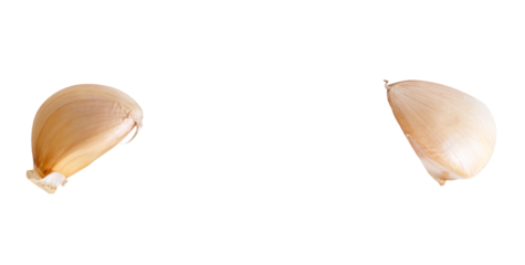 Top view set of two unpeeled garlic cloves isolated with clipping path in png file format