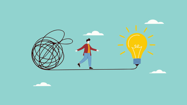 Careful of Problem Solving with creative idea solution, thought process to find a way out of a problem, conscientious businessman crossed a stretch of messy lines to a lightbulb idea

