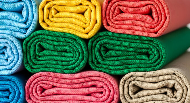 A vibrant, close-up background of colorful rolled fabrics, featuring stacked cotton or jersey textiles in bright primary colors like blue, yellow, red, and green