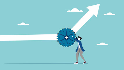 change business management, businessman turn gear cog to manage change direction arrows, professional or expertise to manage company transformation or implement new process concept vector illustration