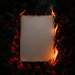 Mockup de Papel em Chamas com Fogo sobre Carvão em Brasa – Template PSD Realista A4