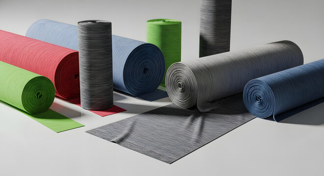 A dynamic display of industrial fabric rolls in assorted modern colors, showcasing a unique heathered or marled texture ideal for apparel or upholstery manufacturing