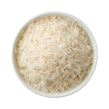 Overhead shot of fluffy white basmati rice in a ceramic bowl against black