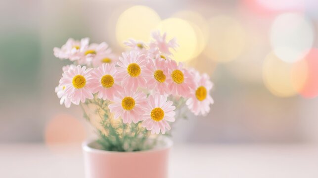 A quaint pink pot holds vibrant pink daisies with yellow centers, - Powered by Adobe