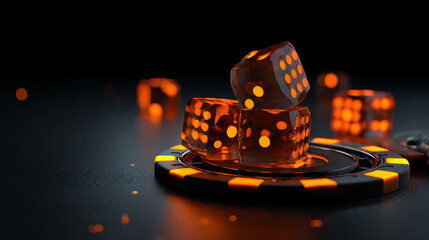 Modern and lively gambling motifs are represented by neon orange dice and a casino chip that are lighted on a dark background. Illustration in 3D render