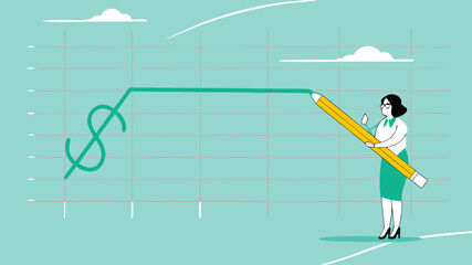 stock price rising up, business woman draws a graph of rising stock prices with a pencil concept vector illustration

