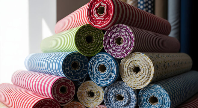 A vibrant, pyramid-shaped stack of colorful fabric rolls, featuring a variety of striped and floral patterns for sewing and crafting, illuminated by natural light