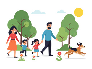 Family Stroll in the Park: A vibrant illustration showcases a family enjoying a leisurely walk in a sun-drenched park, with a playful dog accompanying them, creating a scene of joy and togetherness.