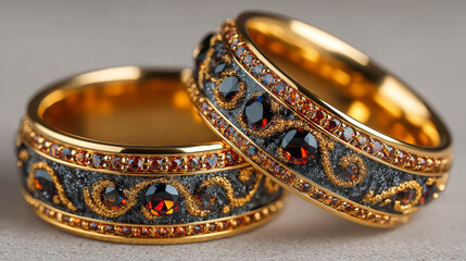 Close-up of two gold rings with red and black gemstones. Perfect for wedding, luxury, or jewelry themes.