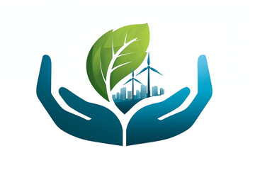 Eco-friendly concept illustration, two green hands holding a leaf and a sustainable city with wind turbine, white background, clean energy, renewable resources, simple design, green color scheme, vect