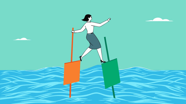 try new opportunities in business investment, navigating stock market volatility, make a decision to buy shares, profitable business, woman investor moves to buoy from growing investment bar chart
