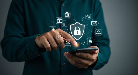 Secure Digital Connectivity: Businessman Using Smartphone with Cyber Security and Online Data Protection Icons in a Modern Concept