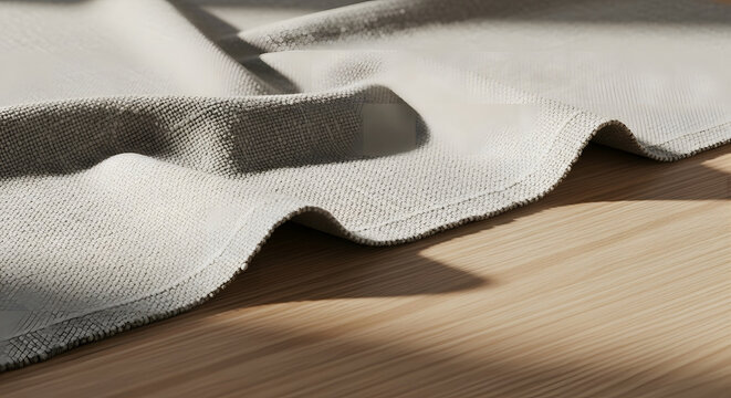 A close-up of a natural, textured woven fabric draped on a light wooden table, with soft shadows from natural sunlight creating a warm, minimalist background.
