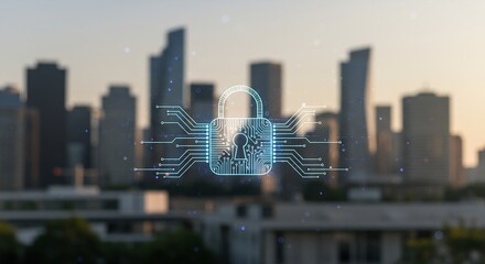 Digital Security Concept: Circuit Board Padlock Overlayed on a Blurry Cityscape Representing Data Protection and Cybersecurity Measures