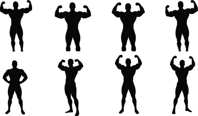 Bodybuilder silhouette set, muscular poses, flexing arms, fitness icon, black vector illustration, strong male figure, isolated design, gym workout concept