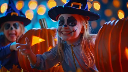 Children in Halloween costumes enjoy festive atmosphere with illuminated jack-o'-lanterns. Vibrant setting with colorful lights and autumn leaves