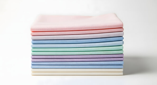 A single, neatly folded stack of soft textile fabrics in a variety of pastel colors, including pink, blue, mint, and lavender, isolated on a bright white background