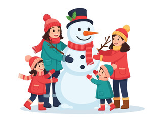 Joyful Snowman Creation: A heartwarming winter scene unfolds as a family of four comes together to build a cheerful snowman, capturing the essence of holiday joy and togetherness.