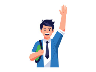 Student Raising Hand : A student raises his hand to participate in a lesson, with a cheerful expression, ready for interaction in the class.