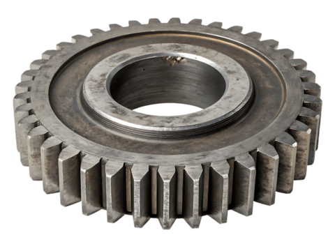 Detailed view of a single metal gear showing its robust construction and intricate design elements perfect for industrial or mechanical themes